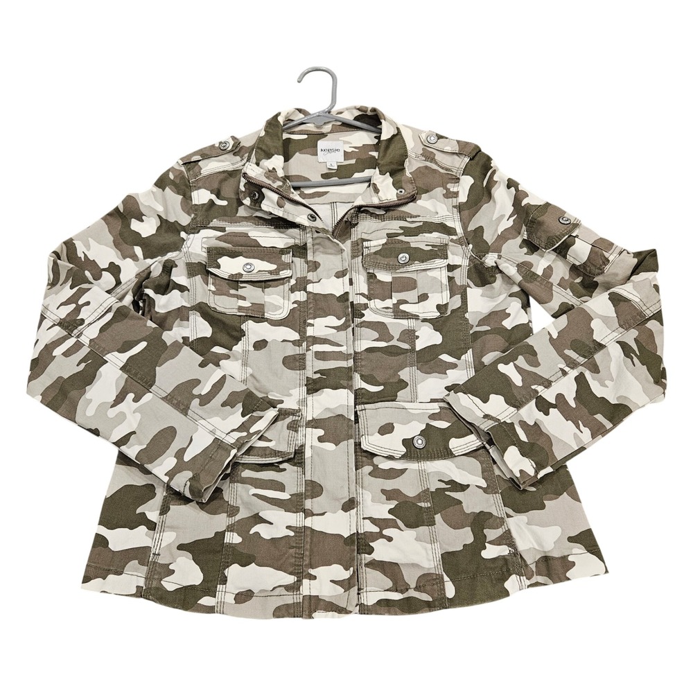Kensie Jeans Womens Camo Utility Jacket Green Tan Military Full Zip Size L